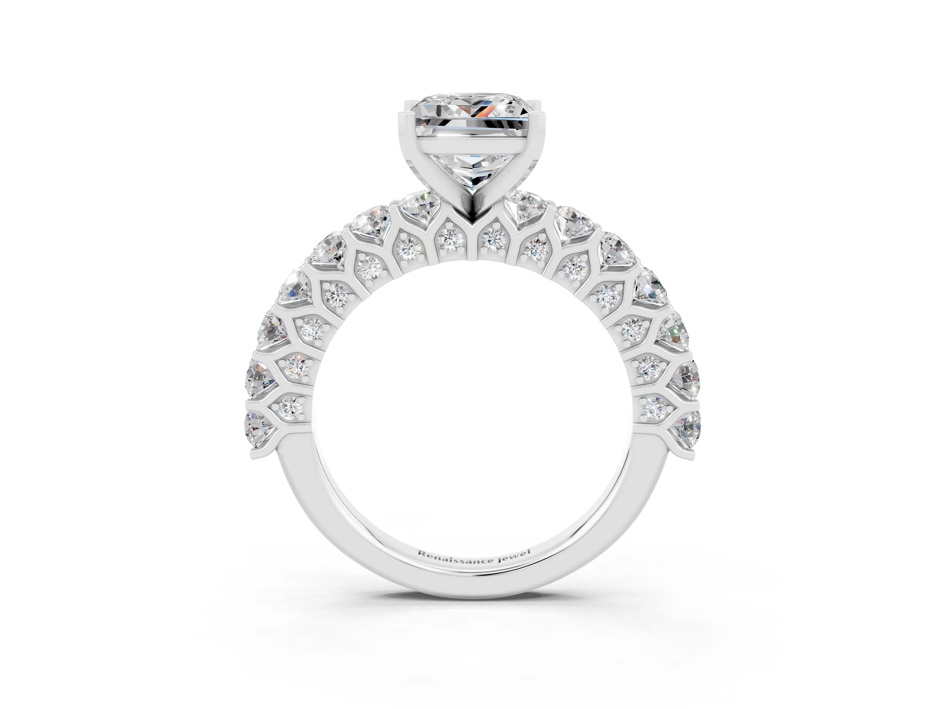 White gold Princess Cut Moissanite Solitaire Ring with Shared Prong Pavé Band and Four-Prong Setting_3