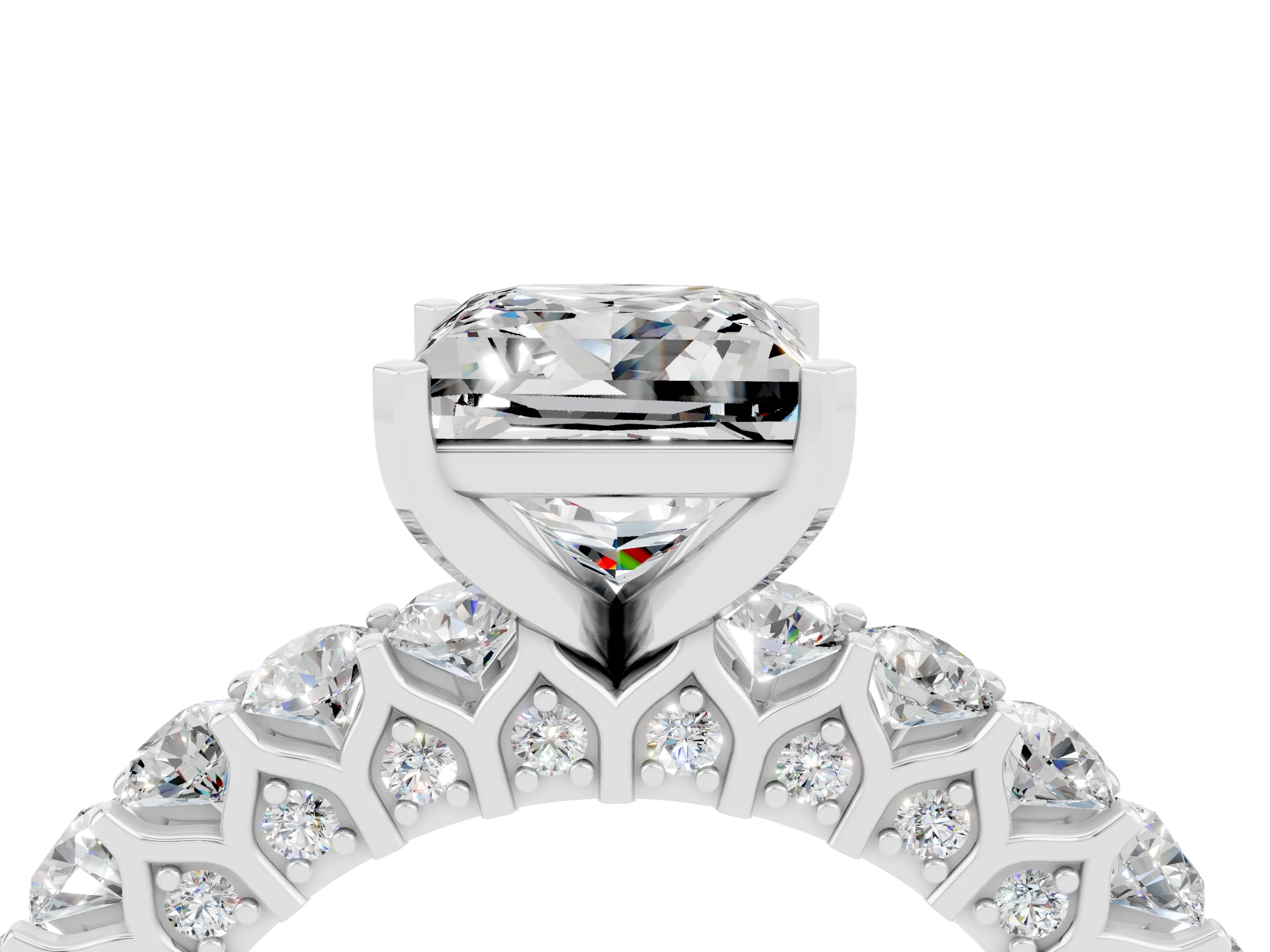 White gold Princess Cut Moissanite Solitaire Ring with Shared Prong Pavé Band and Four-Prong Setting_4