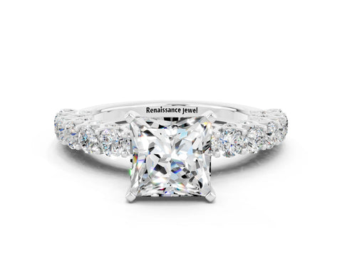 White gold Princess Cut Moissanite Solitaire Ring with Shared Prong Pavé Band and Four-Prong Setting