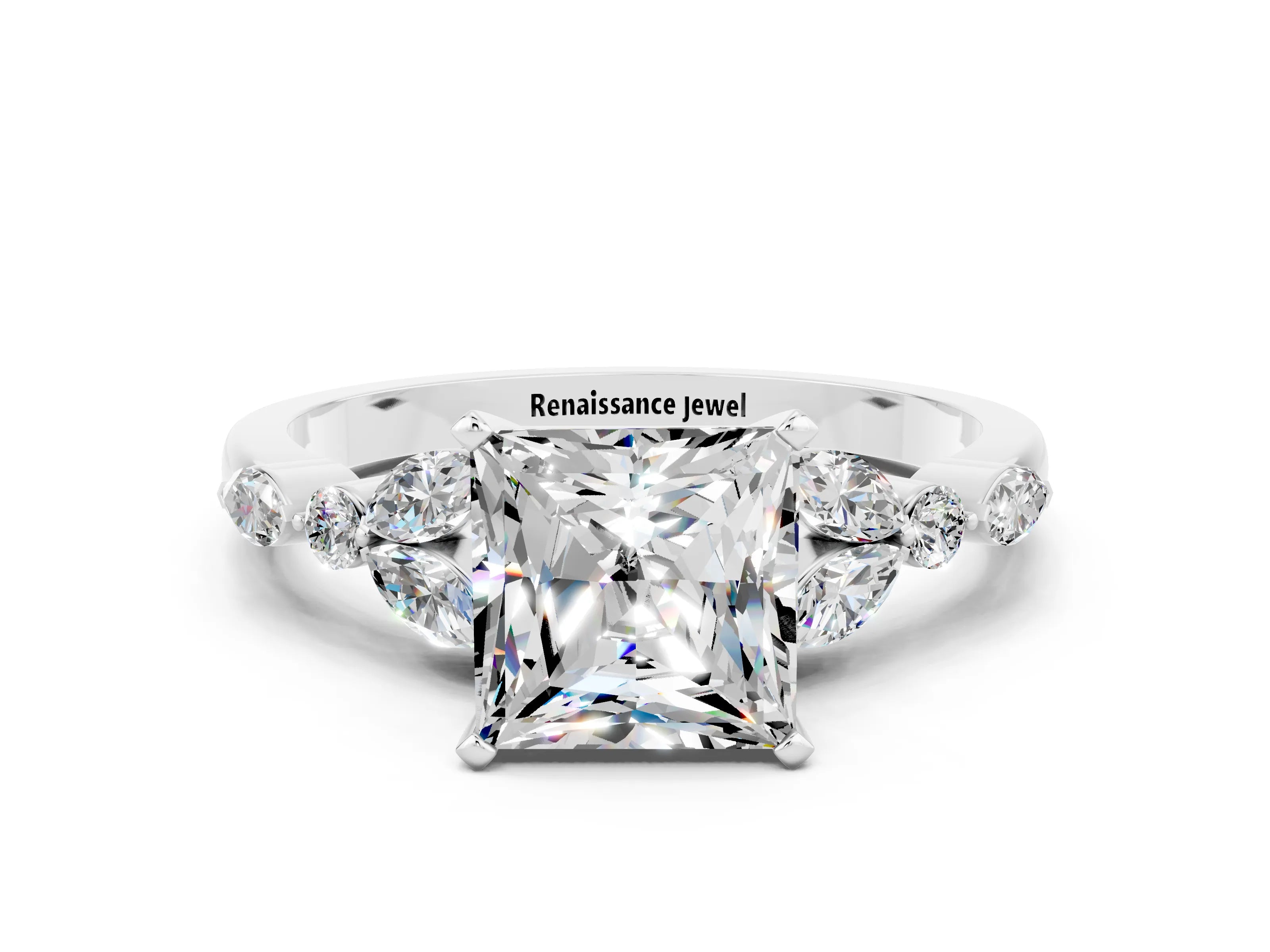 White gold Princess Cut Moissanite Solitaire Ring with Side Stones and Four-Prong Setting_12