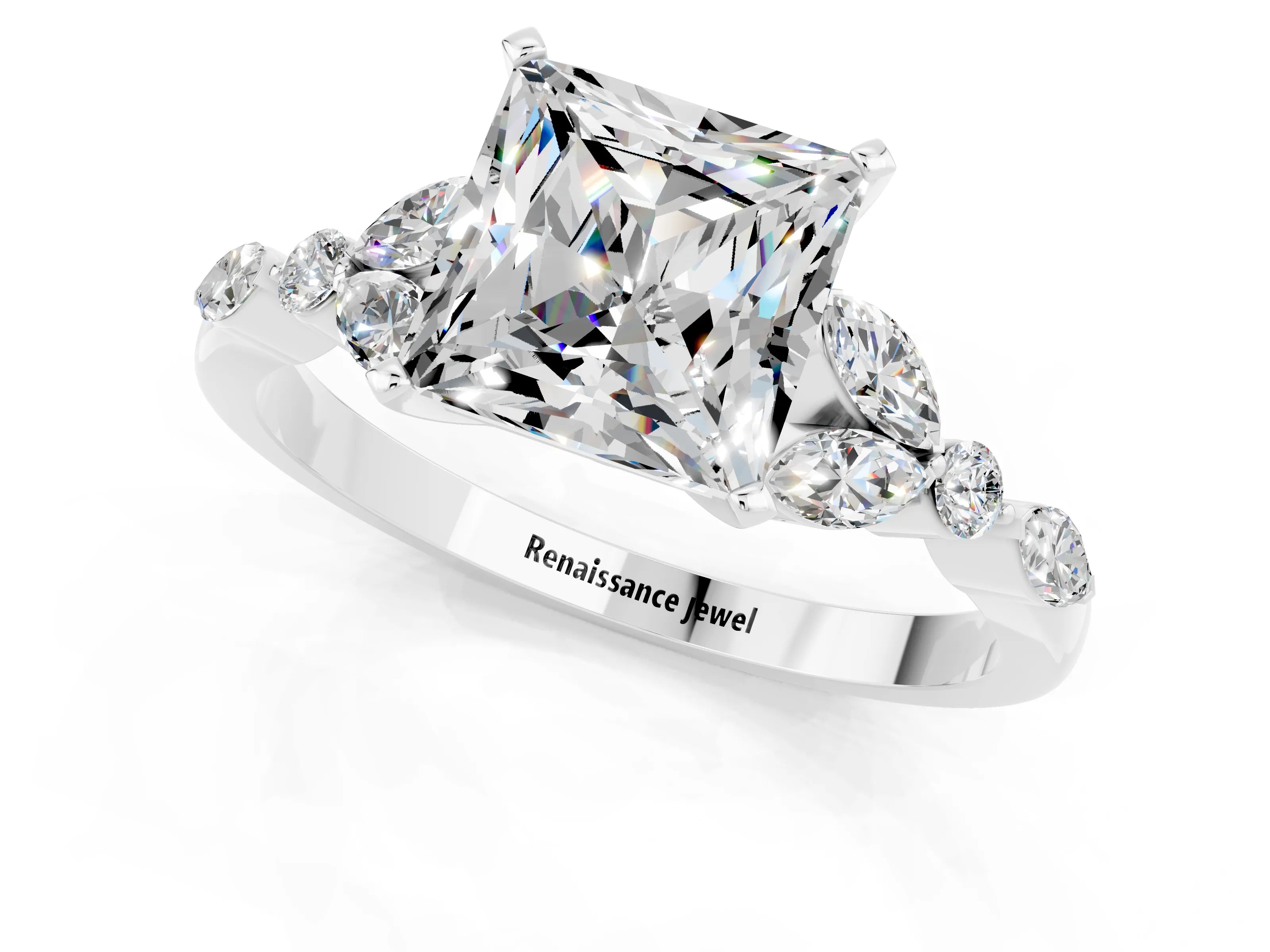 White gold Princess Cut Moissanite Solitaire Ring with Side Stones and Four-Prong Setting_13