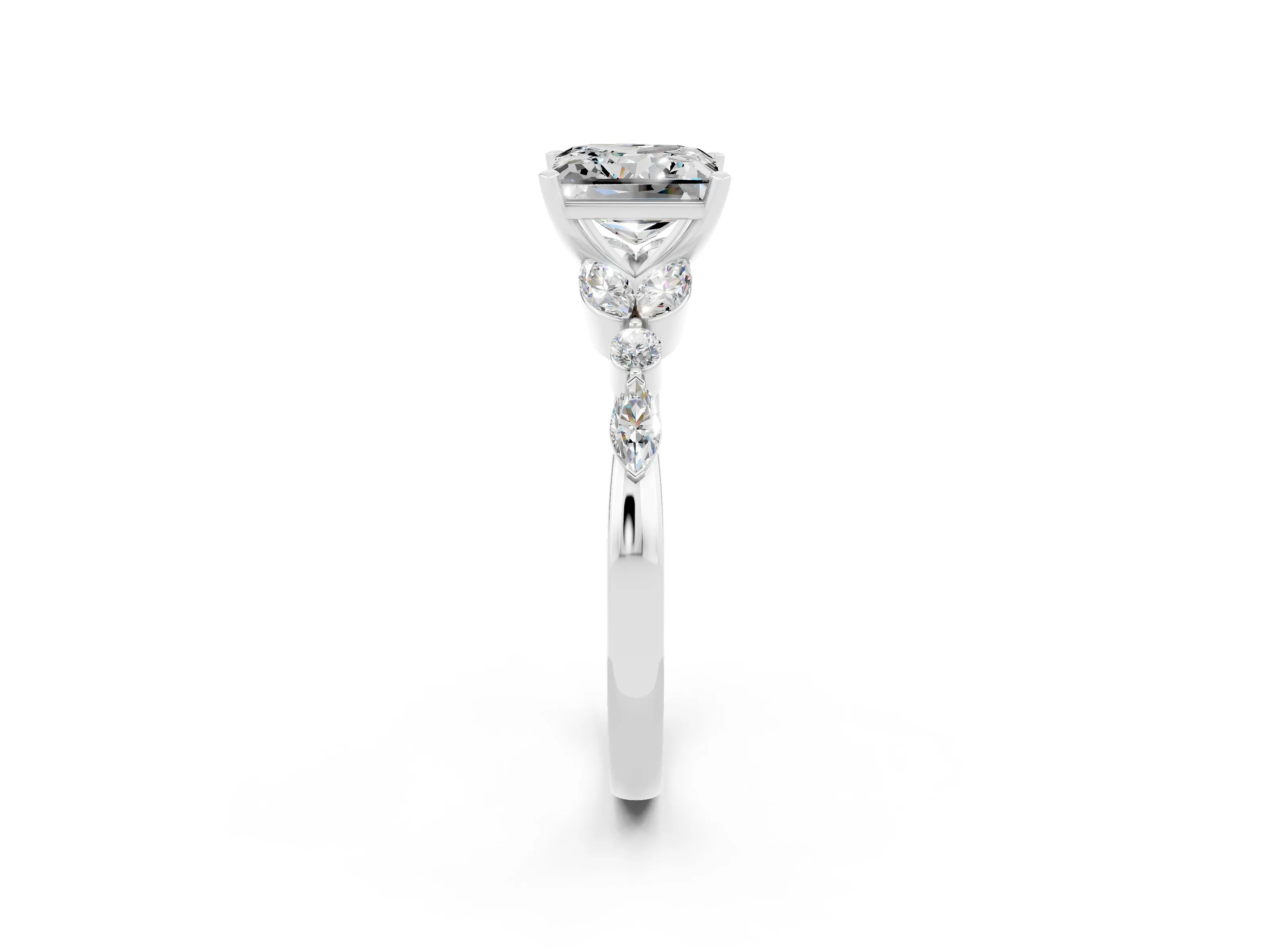 White gold Princess Cut Moissanite Solitaire Ring with Side Stones and Four-Prong Setting_14