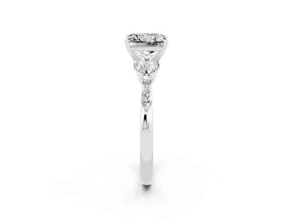 Silver Princess Cut Moissanite Solitaire Ring with Side Stones and Four-Prong Setting