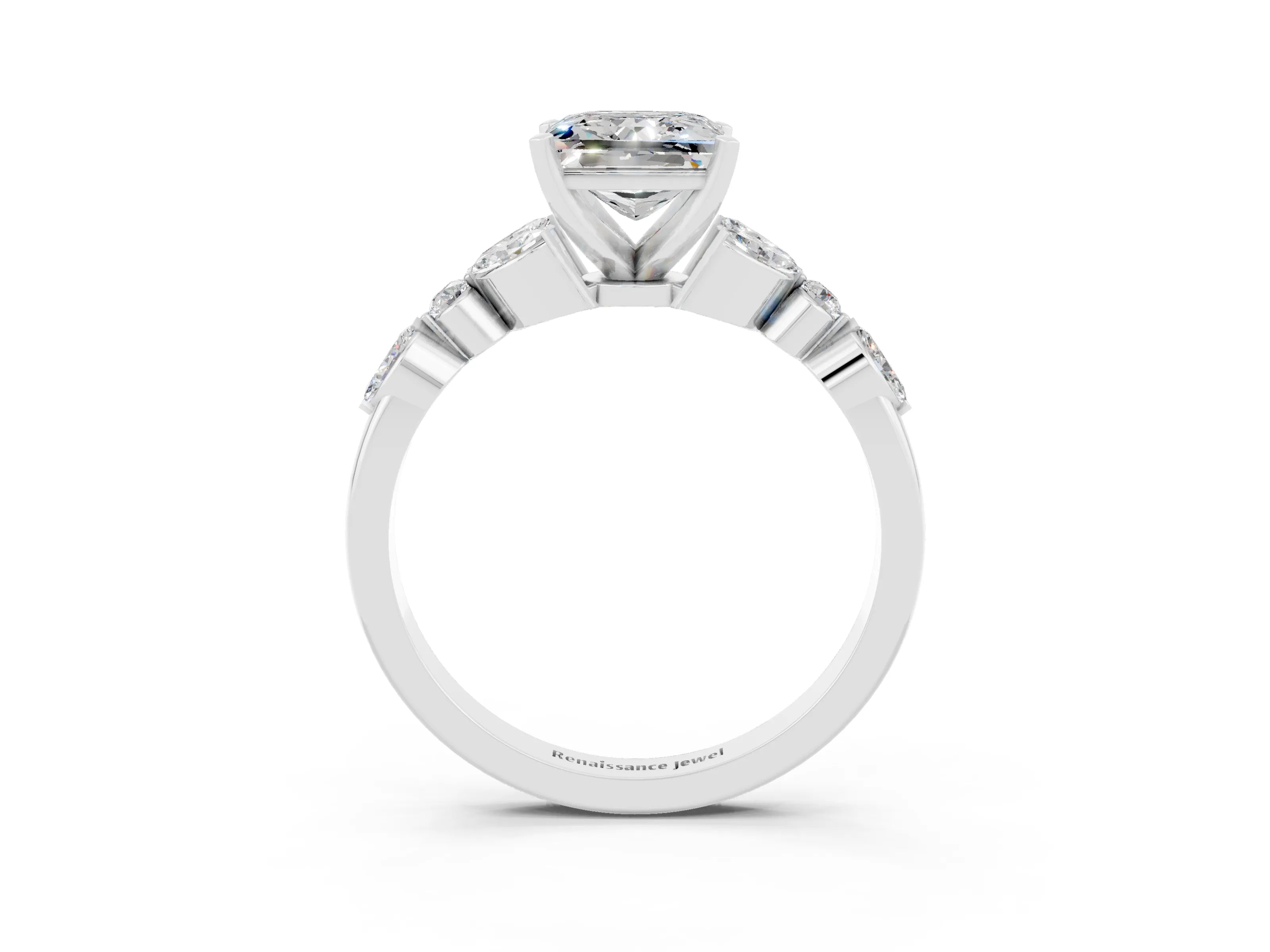 White gold Princess Cut Moissanite Solitaire Ring with Side Stones and Four-Prong Setting_15
