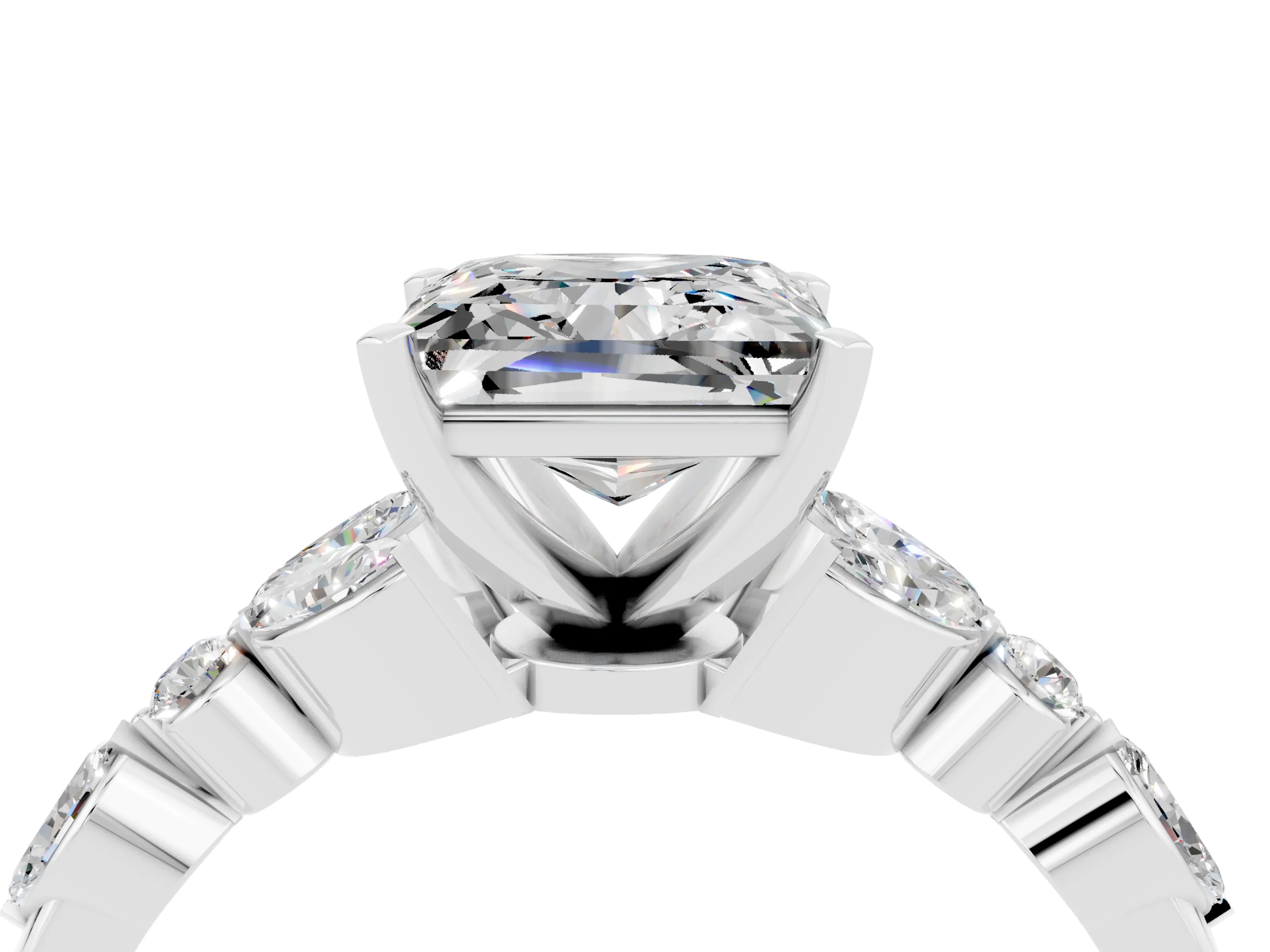 White gold Princess Cut Moissanite Solitaire Ring with Side Stones and Four-Prong Setting_16