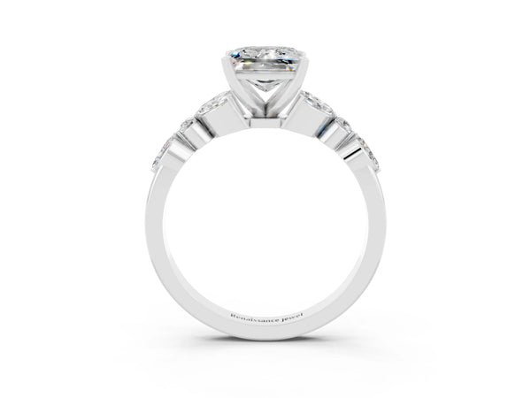 White gold Princess Cut Moissanite Solitaire Ring with Side Stones and Four-Prong Setting