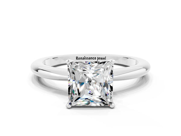 White gold Princess Cut Moissanite Solitaire Ring with Six-Prong Setting and Classic Band
