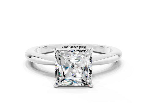 White gold Princess Cut Moissanite Solitaire Ring with Six-Prong Setting and Classic Band