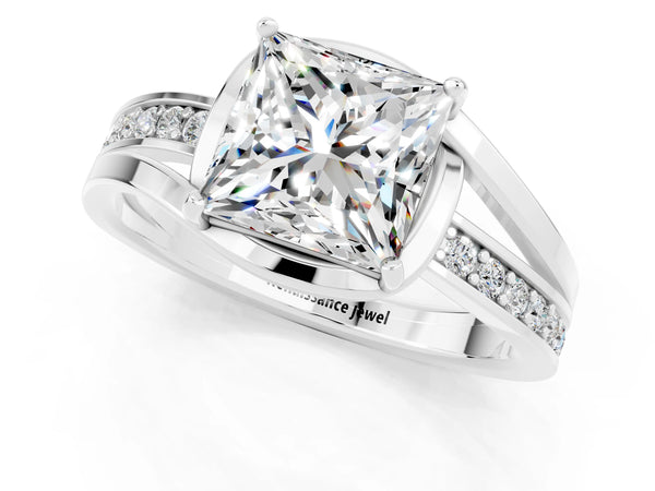 Silver Princess Cut Moissanite Solitaire Ring with Split Shank and Prong Setting