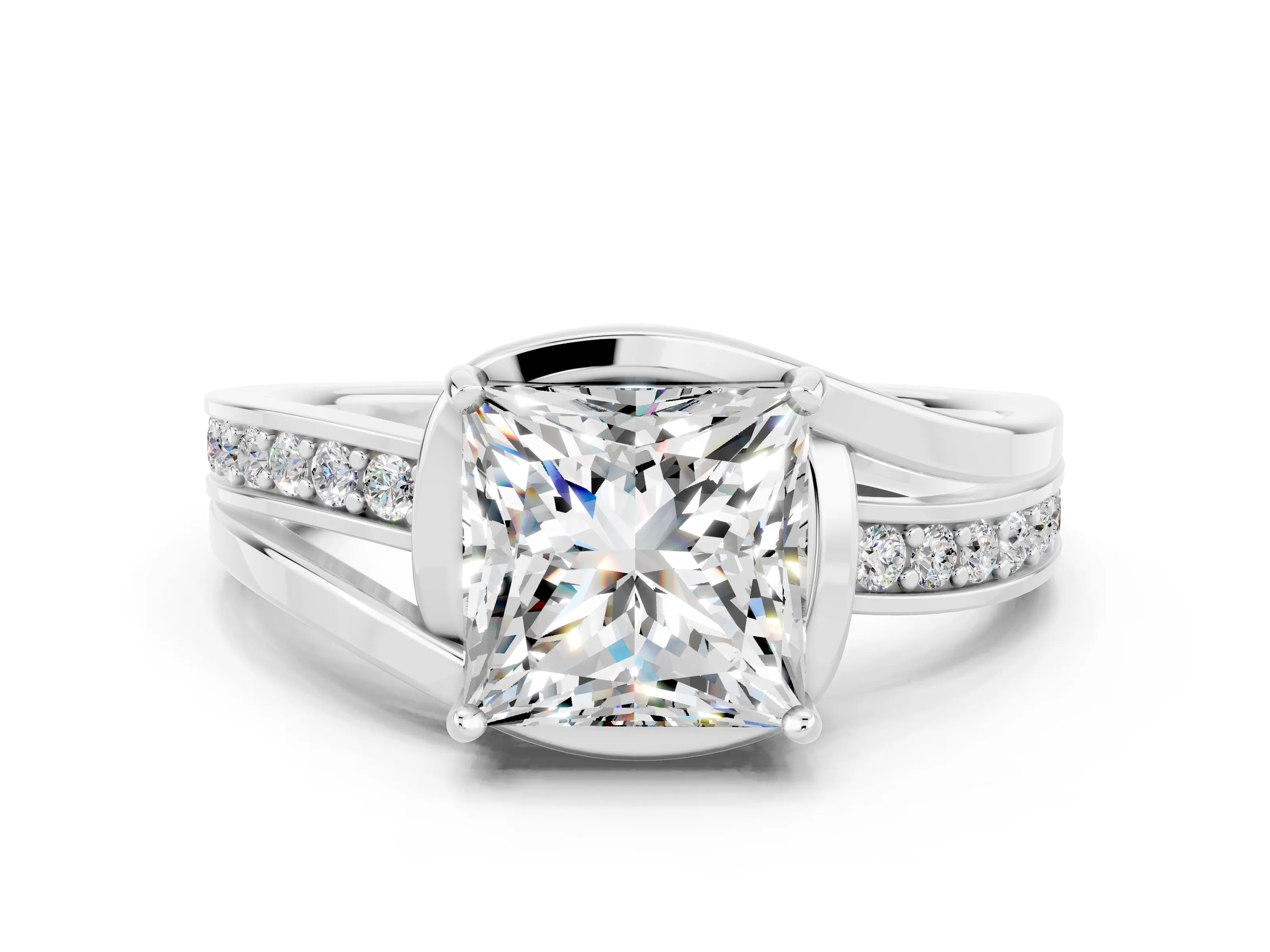 White gold Princess Cut Moissanite Solitaire Ring with Split Shank and Prong Setting