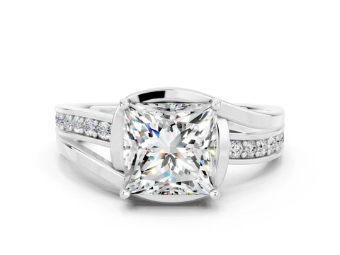 White gold Princess Cut Moissanite Solitaire Ring with Split Shank and Prong Setting