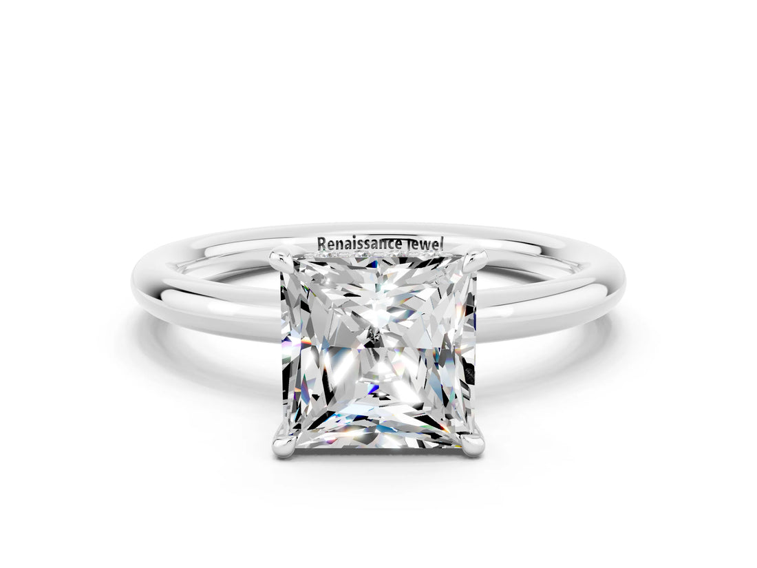 White gold Princess Cut Moissanite Solitaire Ring with Thin Band and Four-Prong Setting