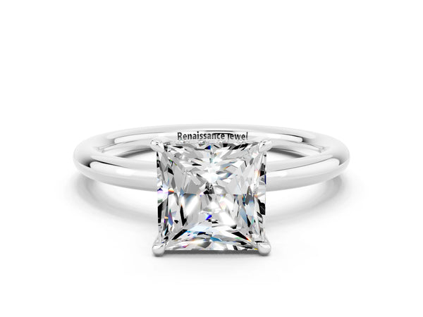 Platinum Princess Cut Moissanite Solitaire Ring with Thin Band and Four-Prong Setting