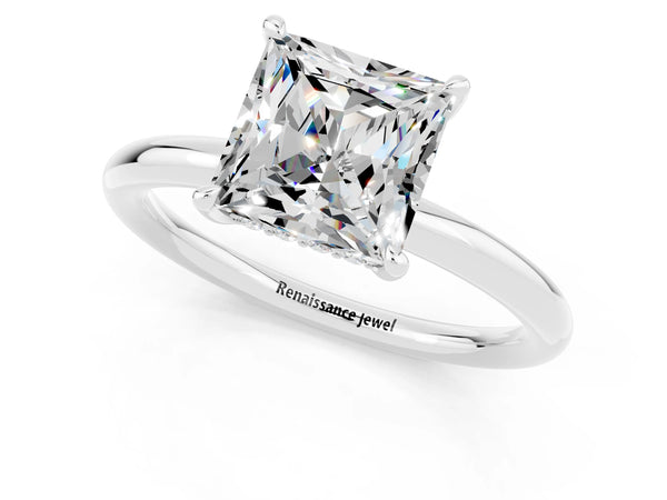 Silver Princess Cut Moissanite Solitaire Ring with Thin Band and Four-Prong Setting