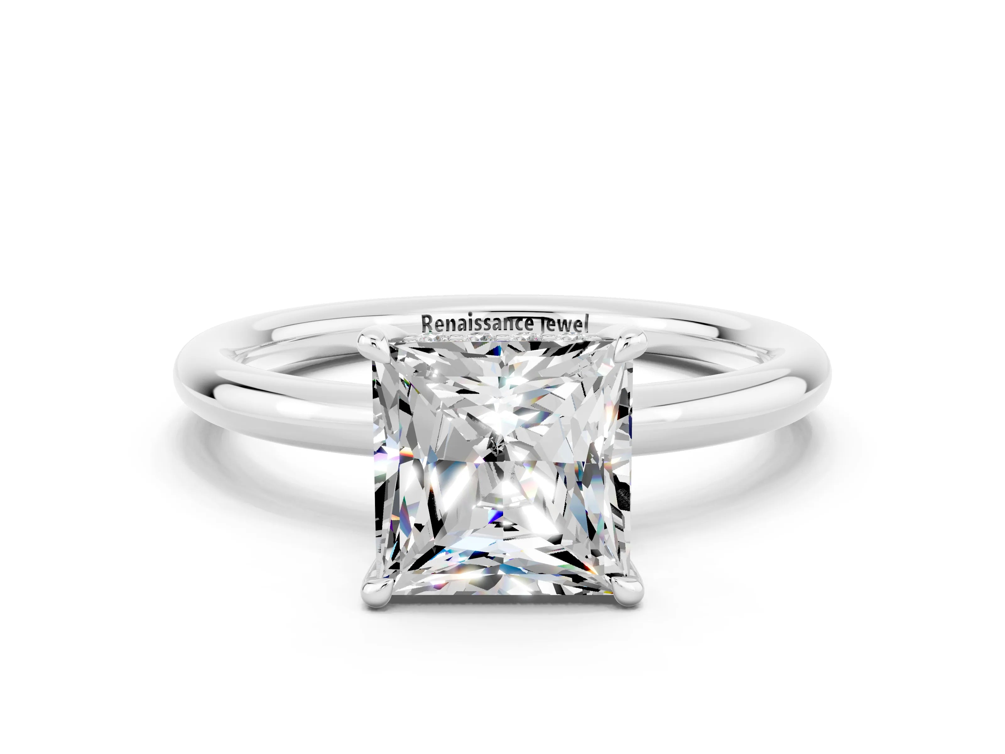 White gold Princess Cut Moissanite Solitaire Ring with Thin Band and Four-Prong Setting