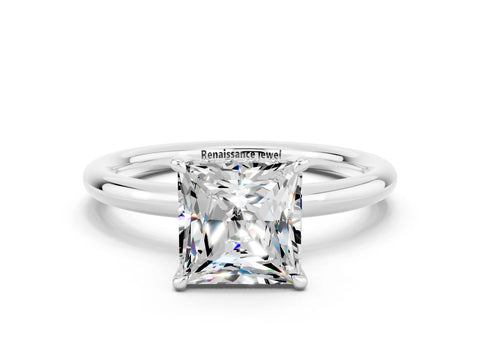 White gold Princess Cut Moissanite Solitaire Ring with Thin Band and Four-Prong Setting
