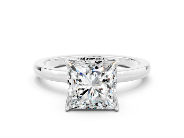 Silver Princess Cut Moissanite Solitaire Ring with Thin Band and Prong Setting