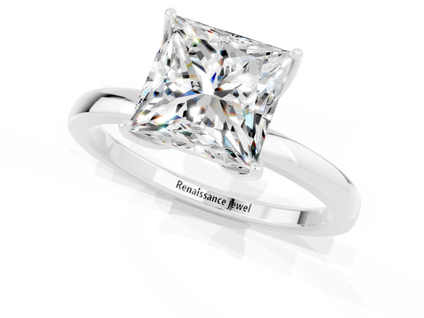 White gold Princess Cut Moissanite Solitaire Ring with Thin Band and Prong Setting