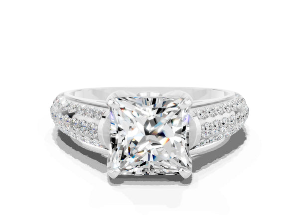 Platinum Princess Cut Moissanite Solitaire Ring with Three-Row Pavé Band and Four-Prong Setting