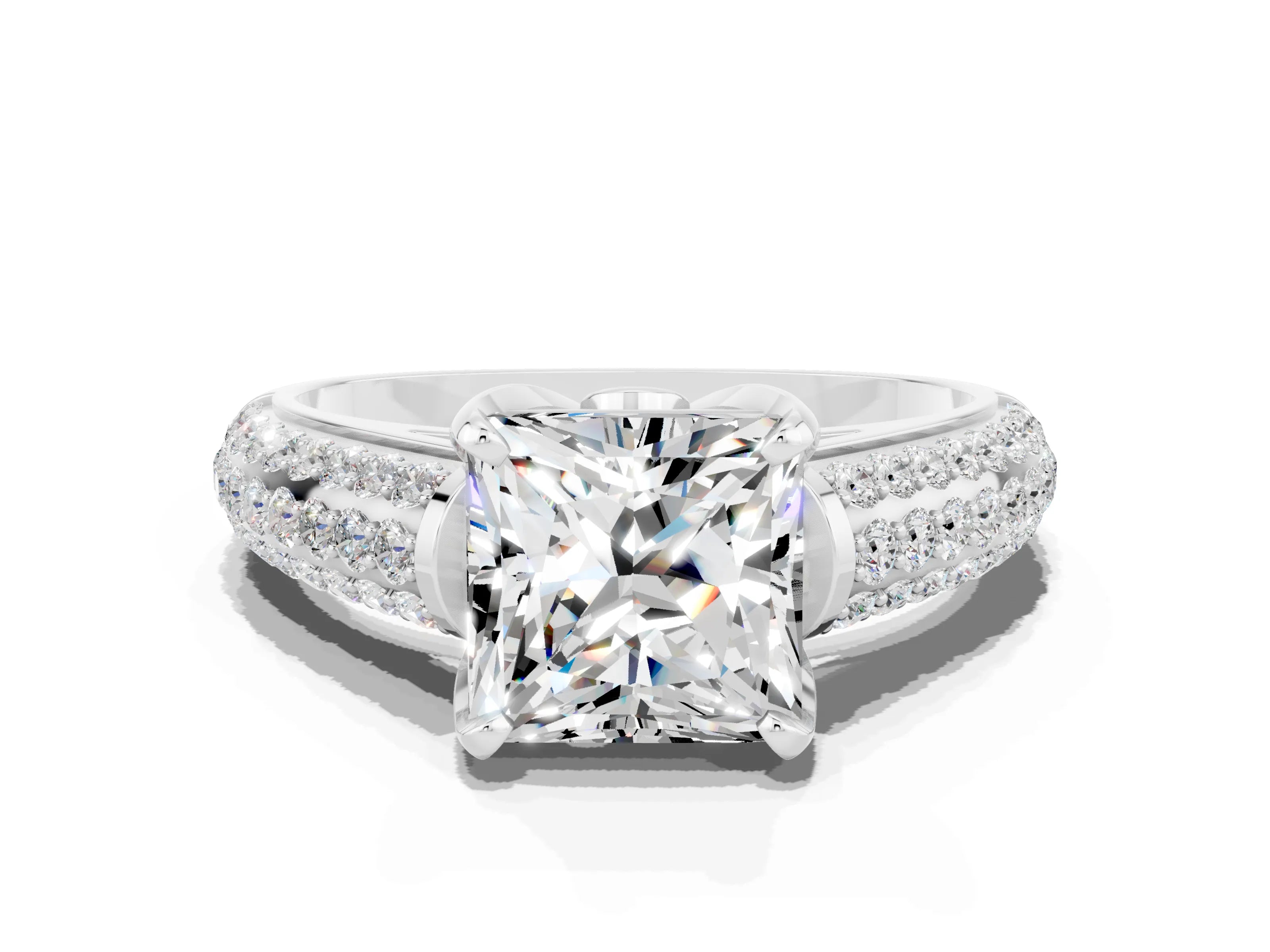 White gold Princess Cut Moissanite Solitaire Ring with Three-Row Pavé Band and Four-Prong Setting_12