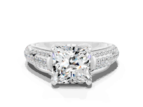White gold Princess Cut Moissanite Solitaire Ring with Three-Row Pavé Band and Four-Prong Setting_12