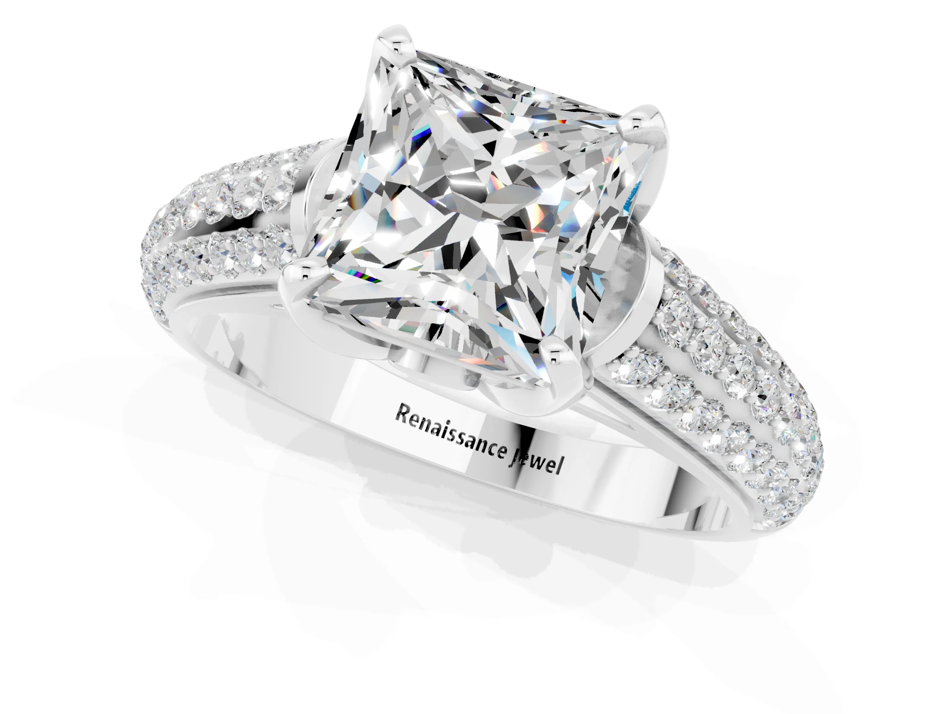 White gold Princess Cut Moissanite Solitaire Ring with Three-Row Pavé Band and Four-Prong Setting_13