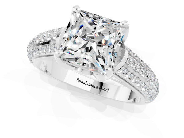 Silver Princess Cut Moissanite Solitaire Ring with Three-Row Pavé Band and Four-Prong Setting