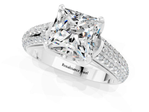 White gold Princess Cut Moissanite Solitaire Ring with Three-Row Pavé Band and Four-Prong Setting_13