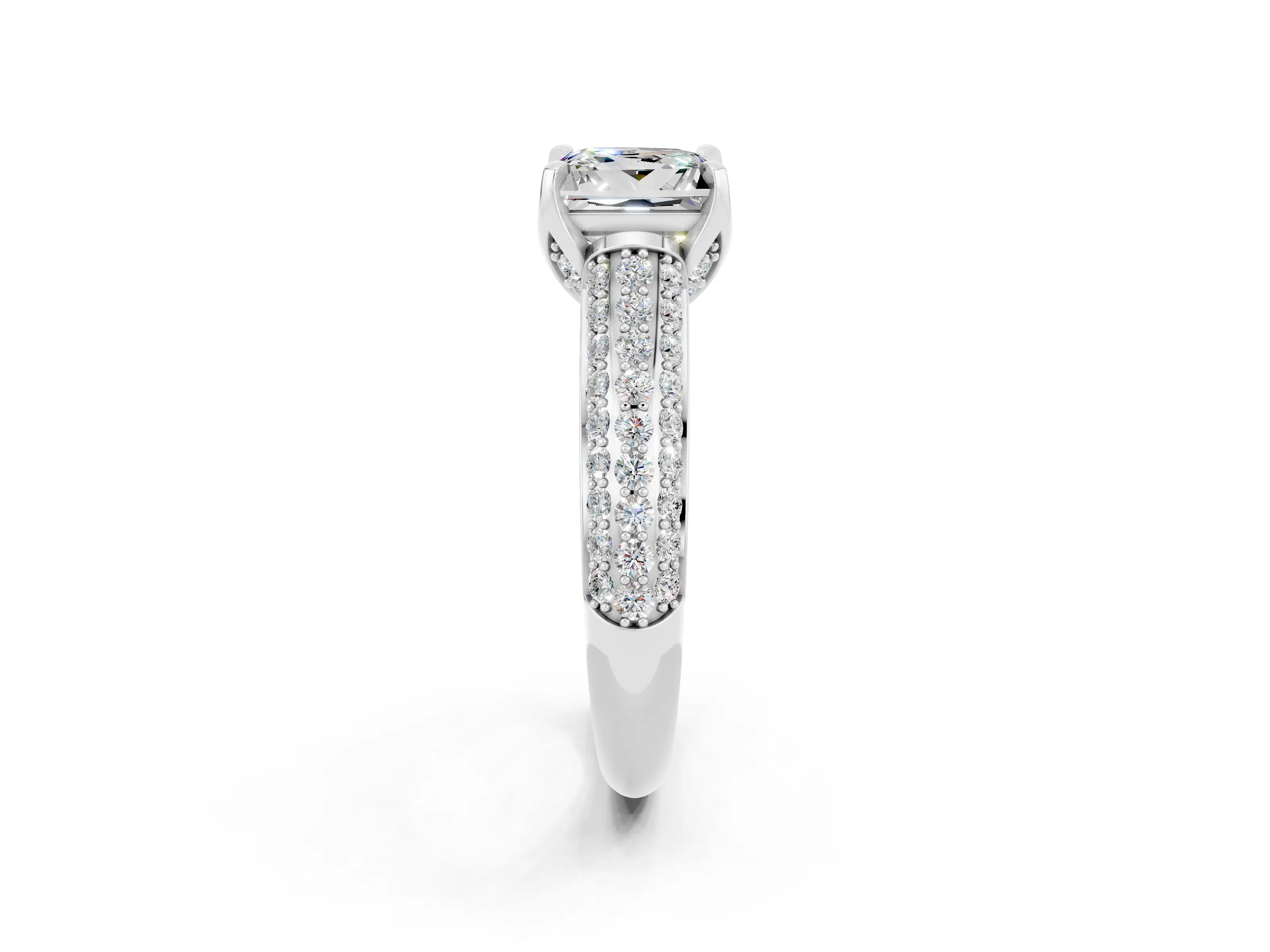 White gold Princess Cut Moissanite Solitaire Ring with Three-Row Pavé Band and Four-Prong Setting_14