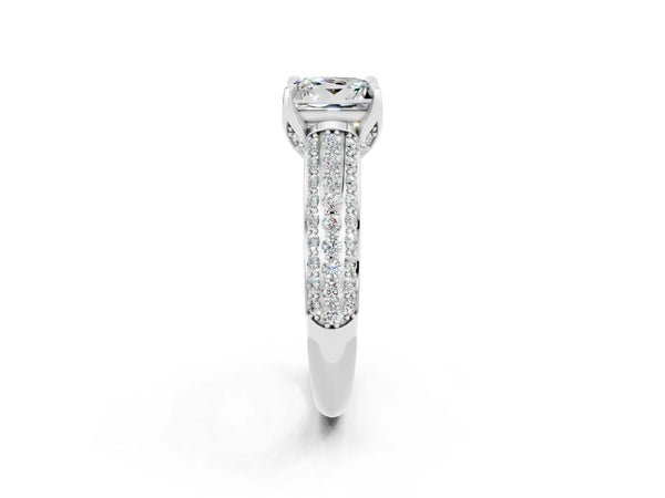 White gold Princess Cut Moissanite Solitaire Ring with Three-Row Pavé Band and Four-Prong Setting