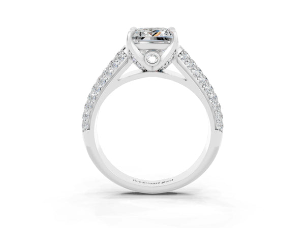White gold Princess Cut Moissanite Solitaire Ring with Three-Row Pavé Band and Four-Prong Setting