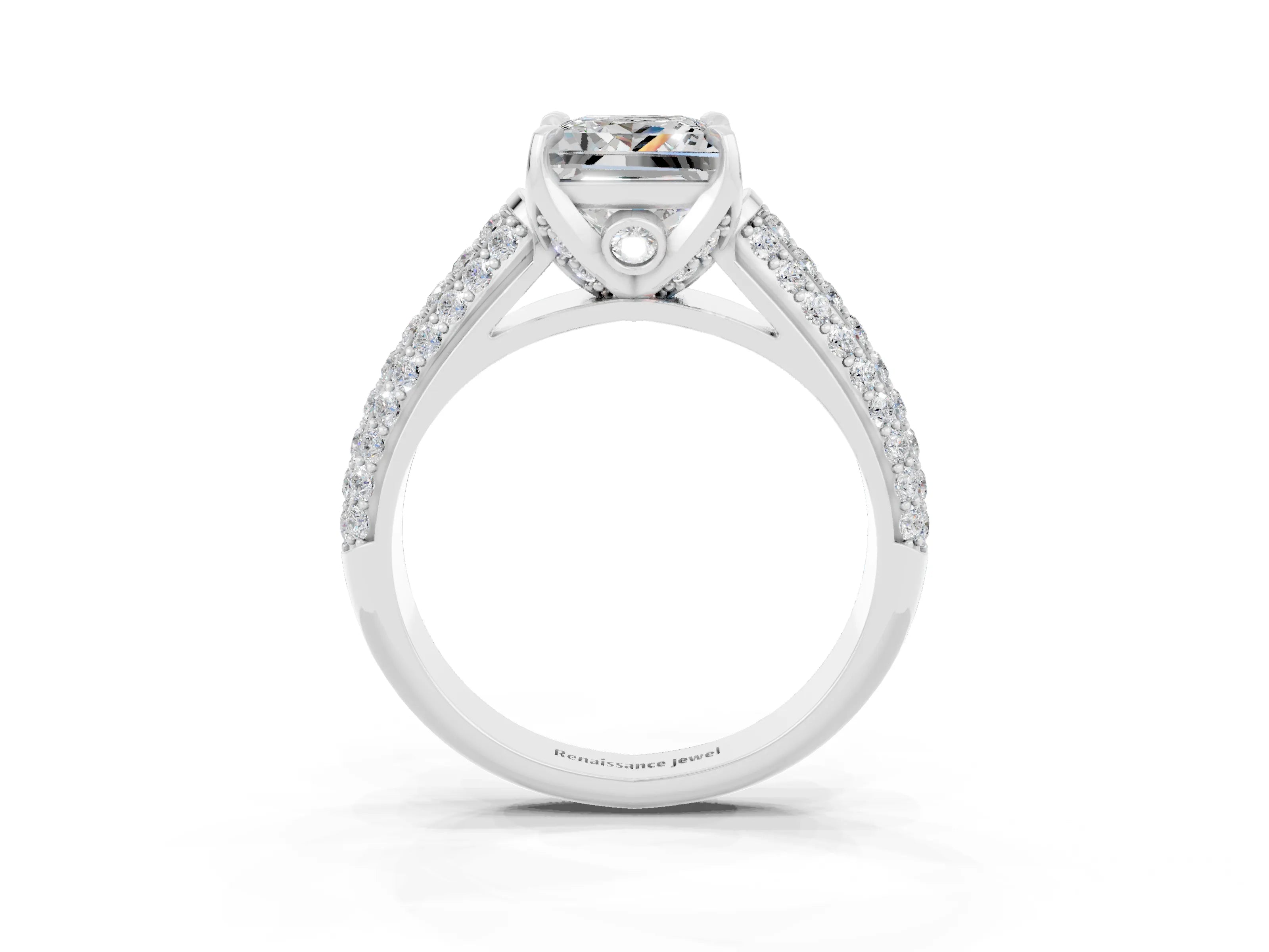 White gold Princess Cut Moissanite Solitaire Ring with Three-Row Pavé Band and Four-Prong Setting_15