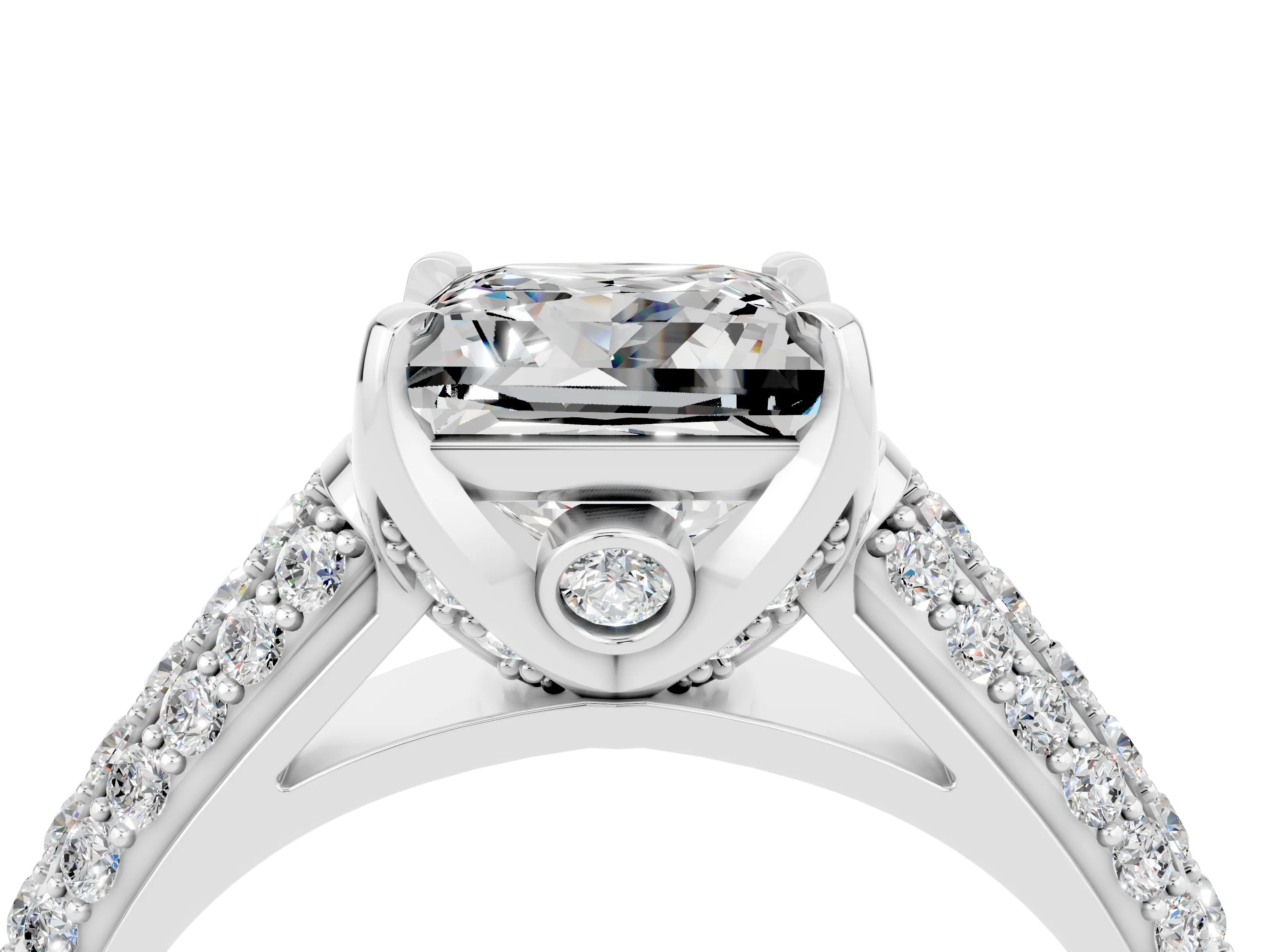 White gold Princess Cut Moissanite Solitaire Ring with Three-Row Pavé Band and Four-Prong Setting_16