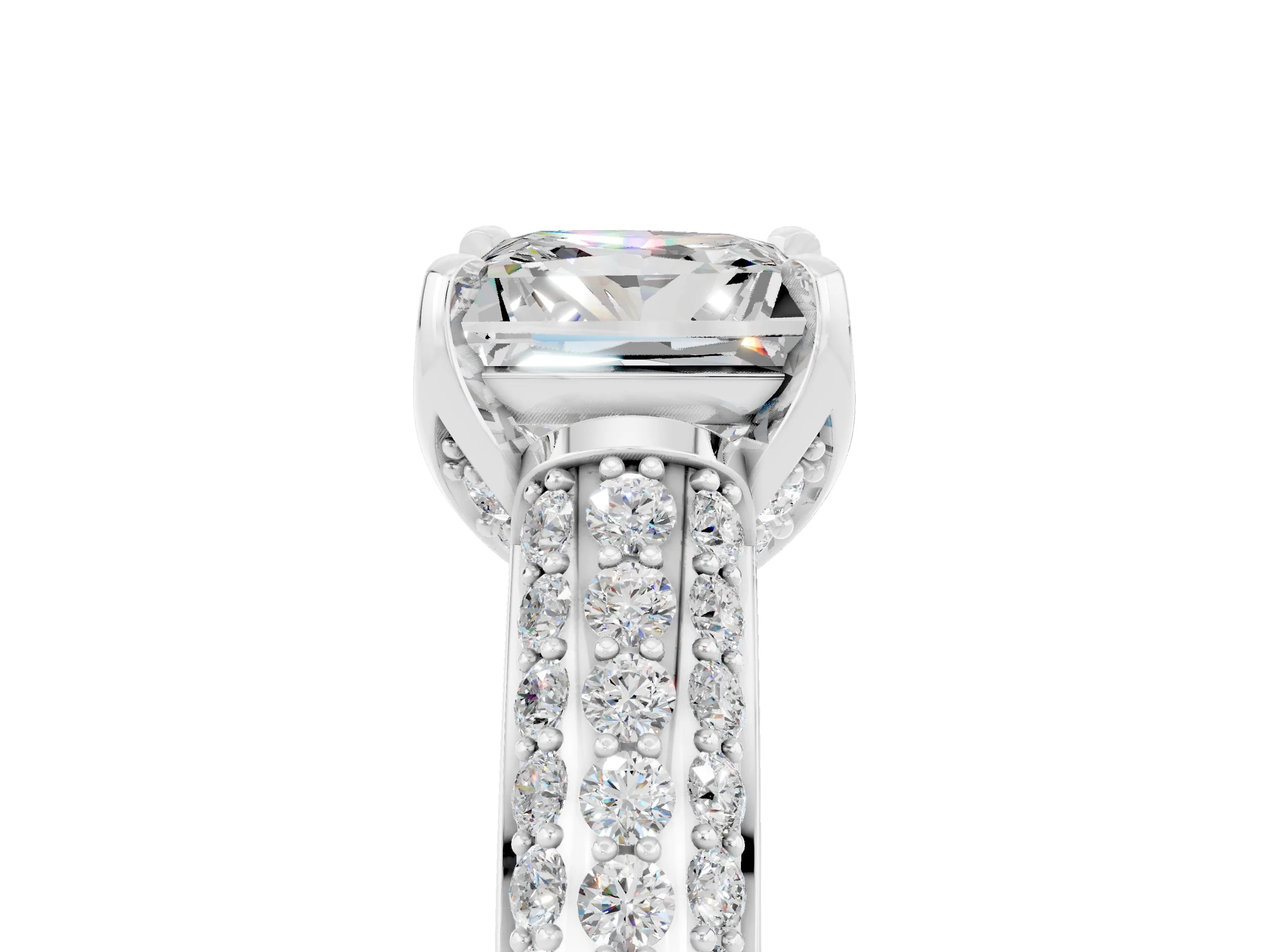 White gold Princess Cut Moissanite Solitaire Ring with Three-Row Pavé Band and Four-Prong Setting_17