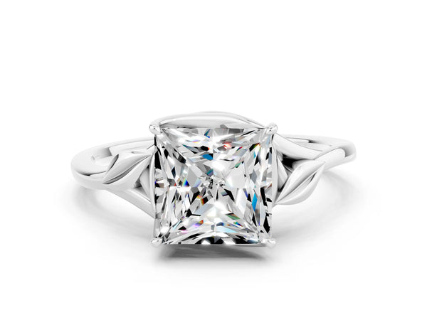 Silver Princess Cut Moissanite Solitaire Ring with Twist Band and Four-Prong Setting