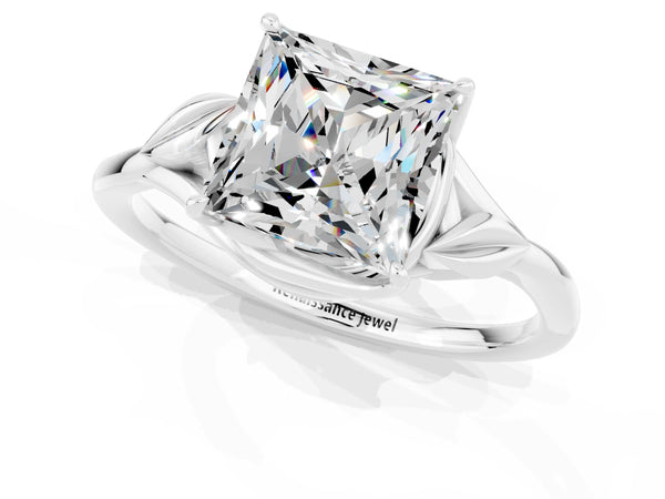 Silver Princess Cut Moissanite Solitaire Ring with Twist Band and Four-Prong Setting