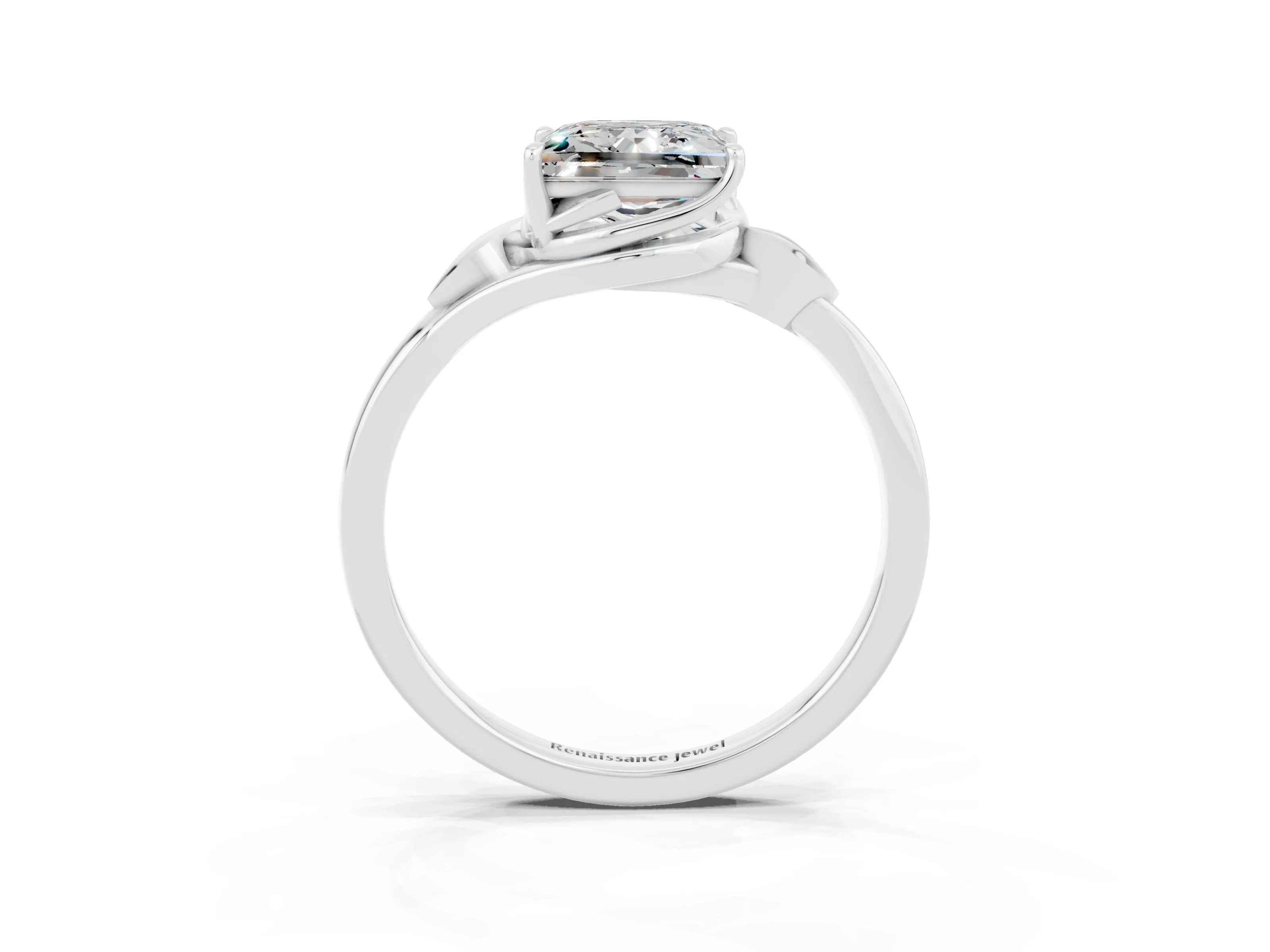 White gold Princess Cut Moissanite Solitaire Ring with Twist Band and Four-Prong Setting_15