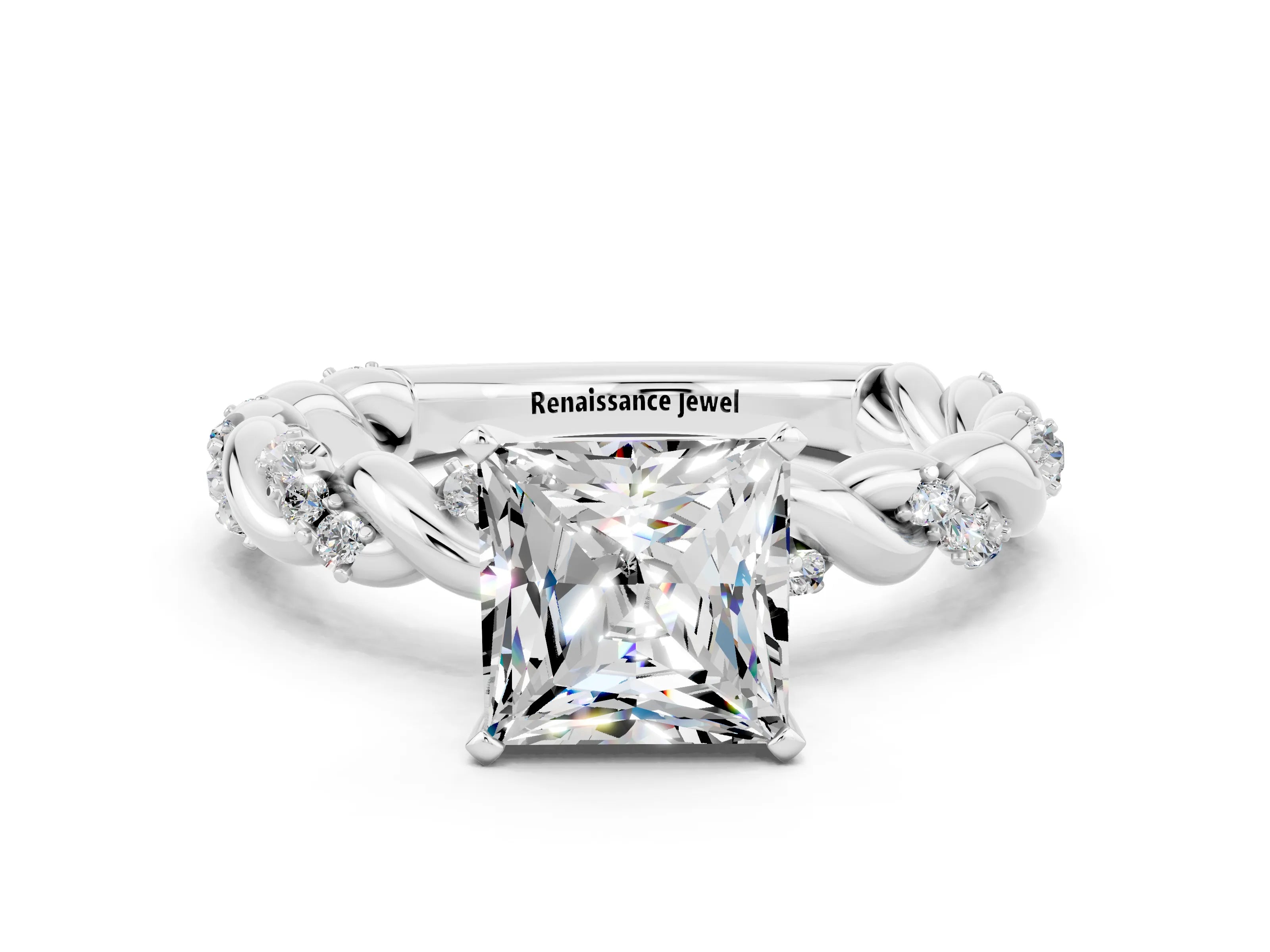 White gold Princess Cut Moissanite Solitaire Ring with Twisted Band and Pavé Accents