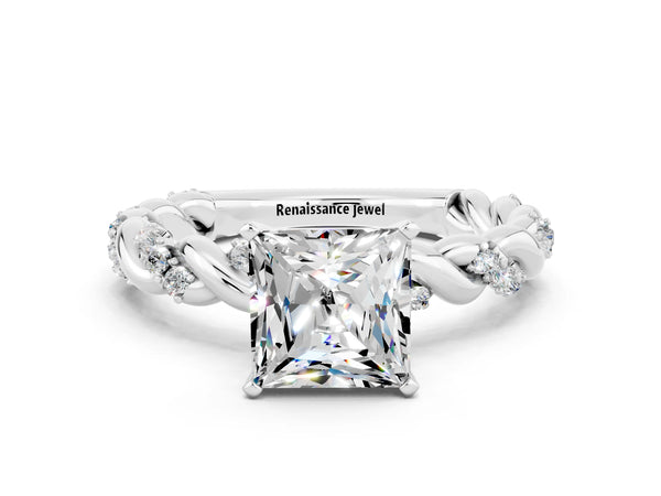 Platinum Princess Cut Moissanite Solitaire Ring with Twisted Band and Pavé Accents