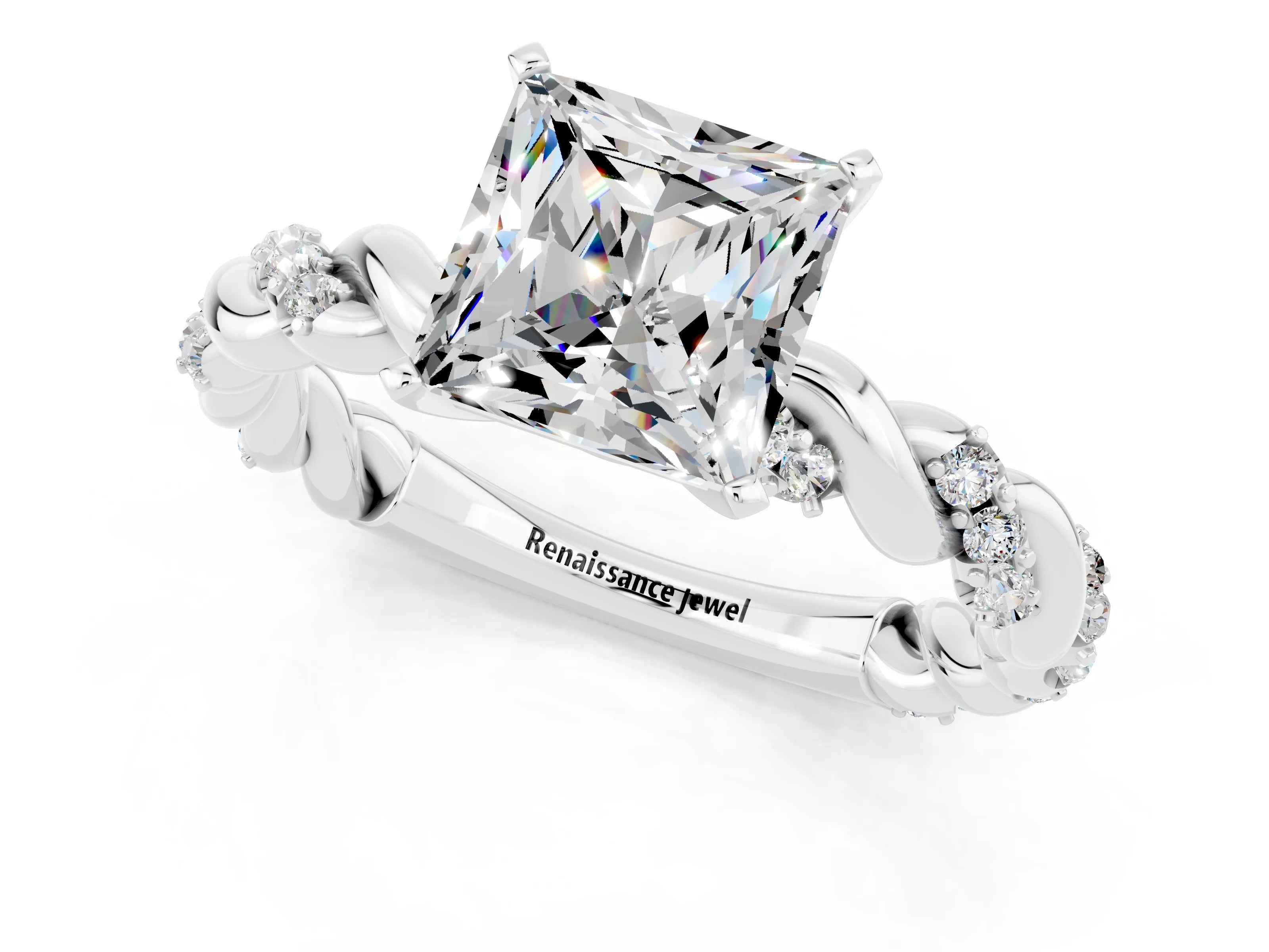 White gold Princess Cut Moissanite Solitaire Ring with Twisted Band and Pavé Accents_1