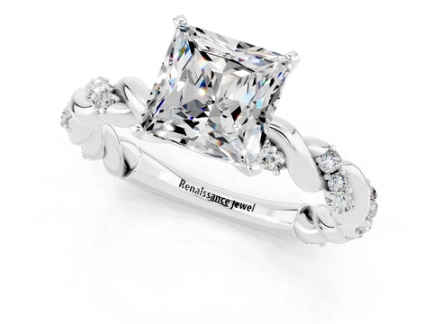 White gold Princess Cut Moissanite Solitaire Ring with Twisted Band and Pavé Accents_1