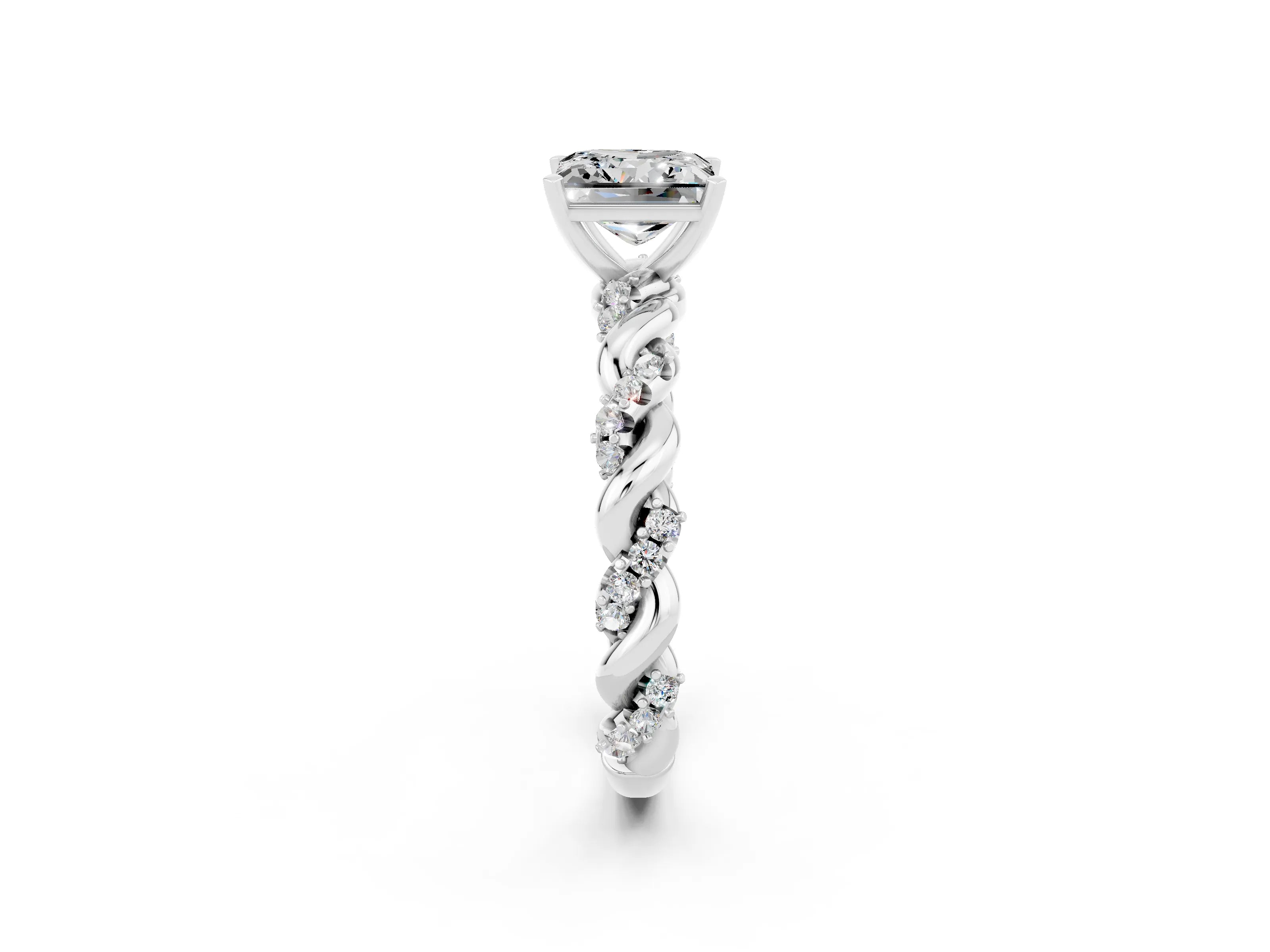 White gold Princess Cut Moissanite Solitaire Ring with Twisted Band and Pavé Accents_2