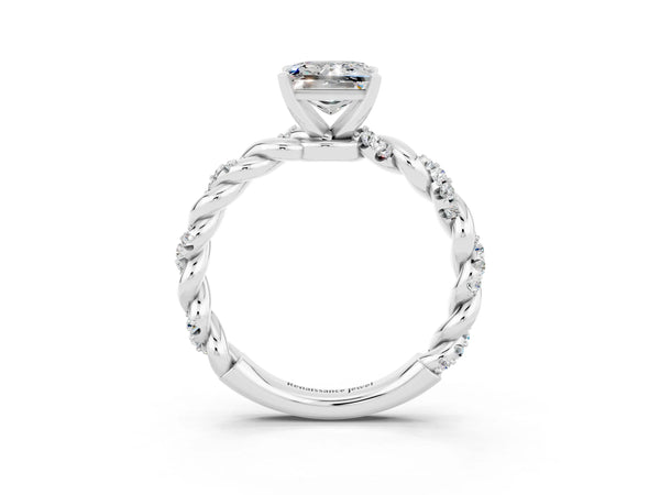 Platinum Princess Cut Moissanite Solitaire Ring with Twisted Band and Pavé Accents