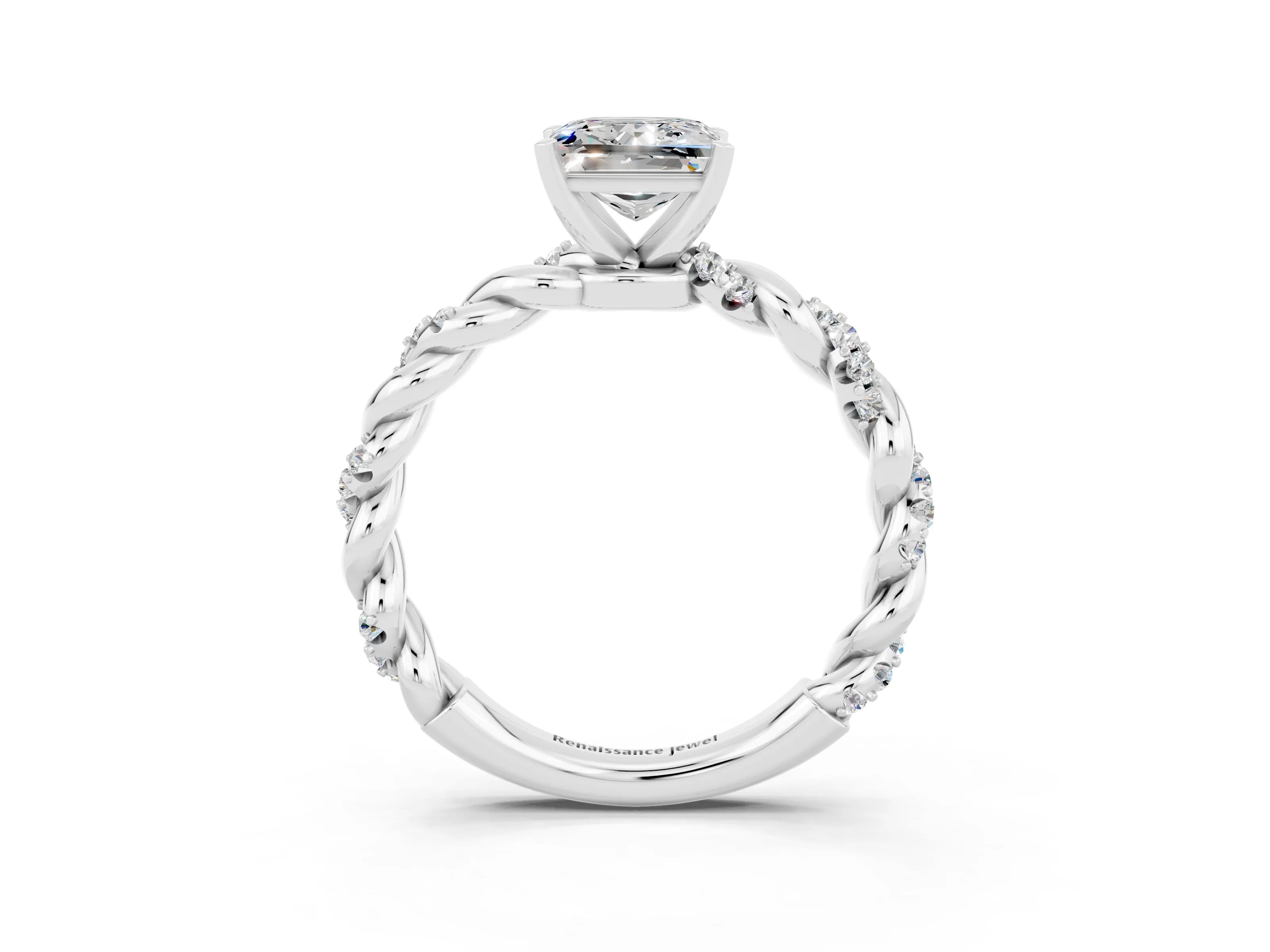 White gold Princess Cut Moissanite Solitaire Ring with Twisted Band and Pavé Accents_3