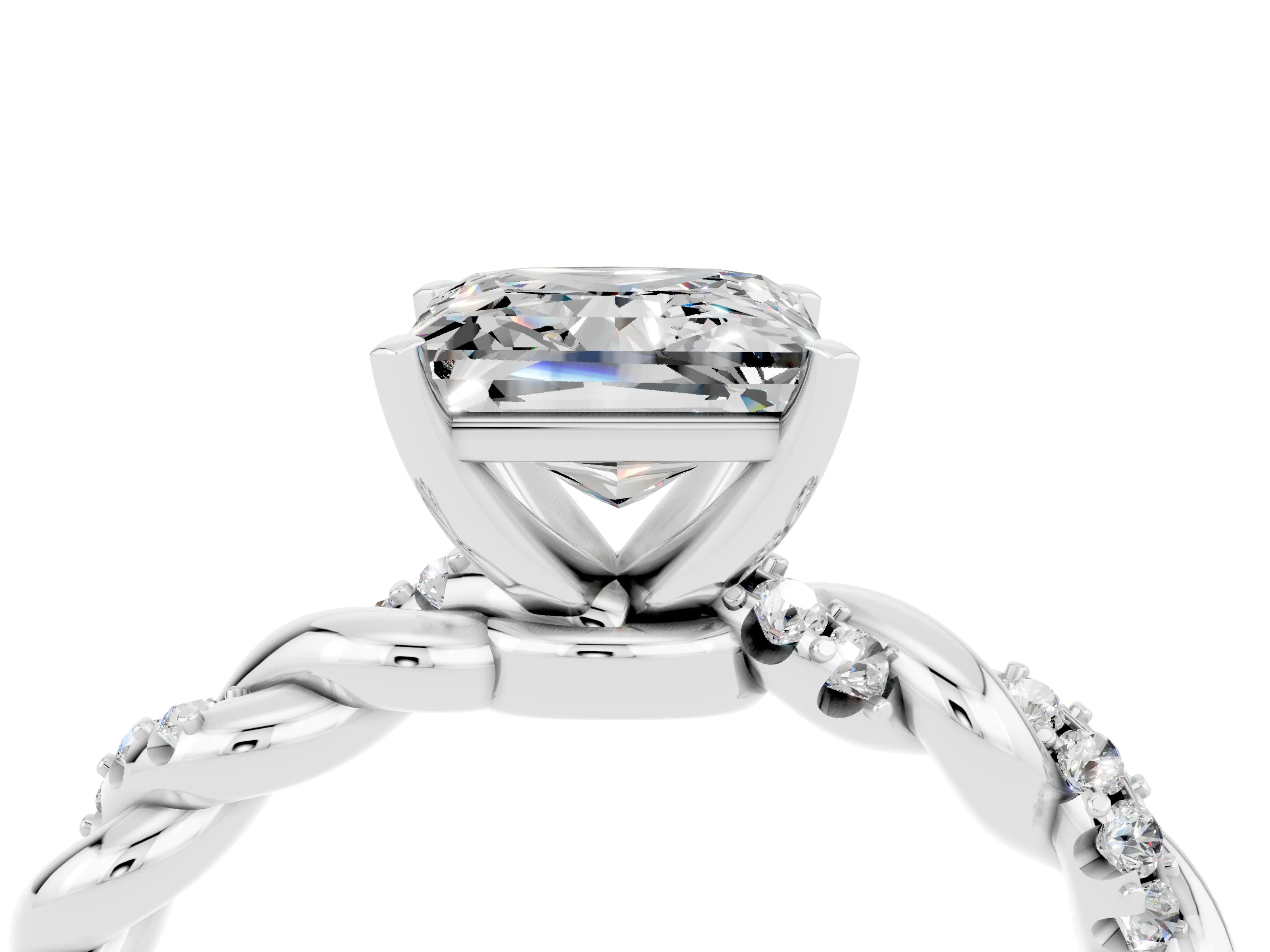 White gold Princess Cut Moissanite Solitaire Ring with Twisted Band and Pavé Accents_4