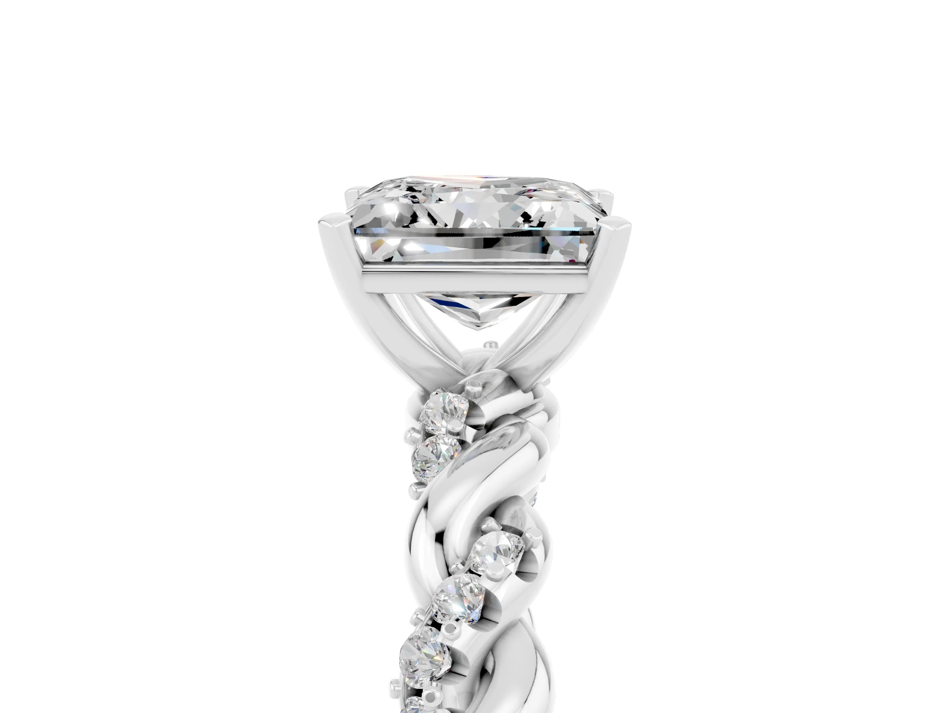 White gold Princess Cut Moissanite Solitaire Ring with Twisted Band and Pavé Accents_5