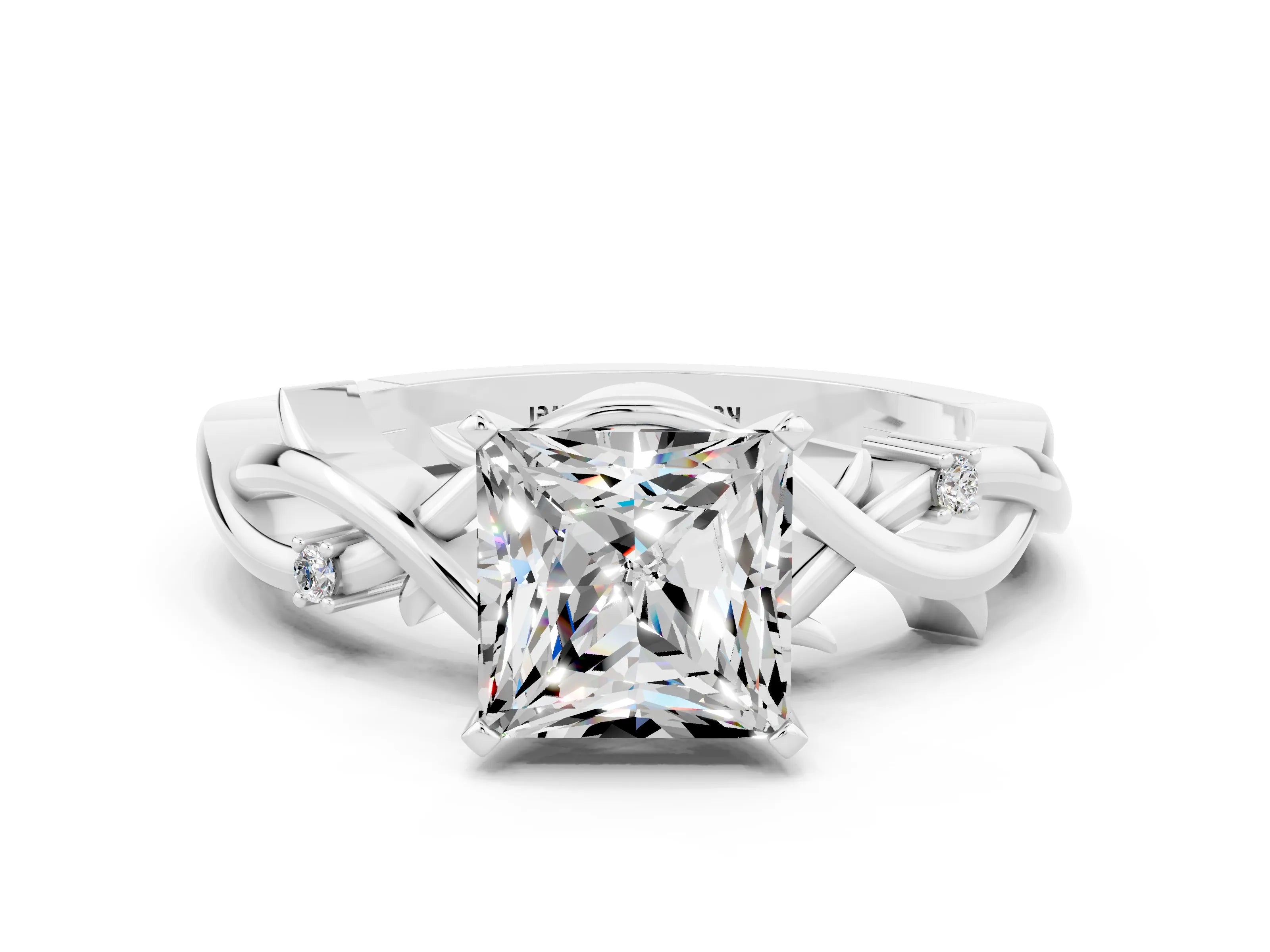 White gold Princess Cut Moissanite Solitaire Ring with Twisted Band and Prong Setting