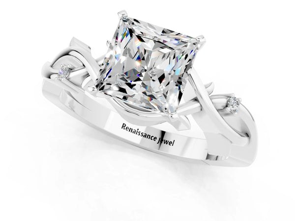 White gold Princess Cut Moissanite Solitaire Ring with Twisted Band and Prong Setting