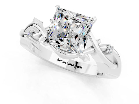 White gold Princess Cut Moissanite Solitaire Ring with Twisted Band and Prong Setting_13
