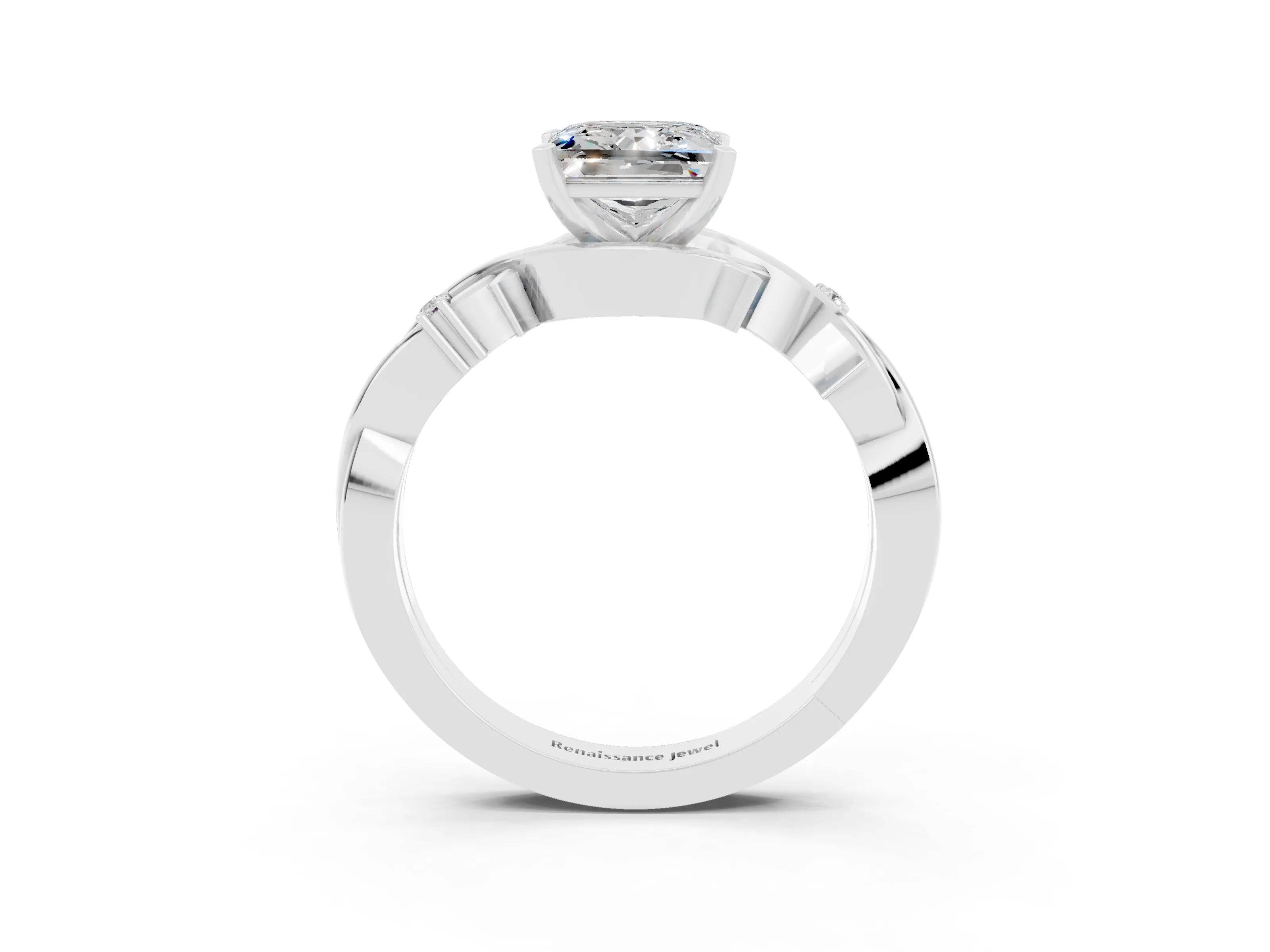 White gold Princess Cut Moissanite Solitaire Ring with Twisted Band and Prong Setting_15